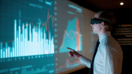 Business professional engaging with immersive 3D financial data visualizations in a sleek virtual reality environment during a client presentation.