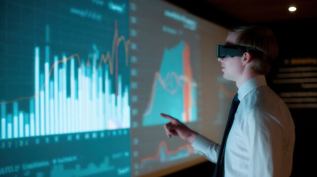 Business professional engaging with immersive 3D financial data visualizations in a sleek virtual reality environment during a client presentation. - Powered by Adobe