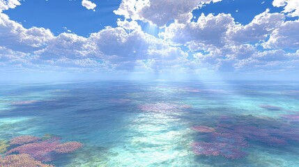Sunlit Turquoise Ocean Water with Sparkling Light and Fluffy White Clouds on a Bright Blue Sky Background
