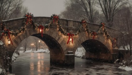 Festive Stone Bridge Adorned with Christmas Decorations in Winter.