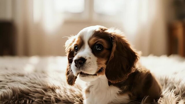 首を少しかしげ、やさしく微笑む表情のキャバリアキングチャールズスパニエルの子犬を捉えた映像です。
柔らかな顔立ちと穏やかな視線が印象的です。