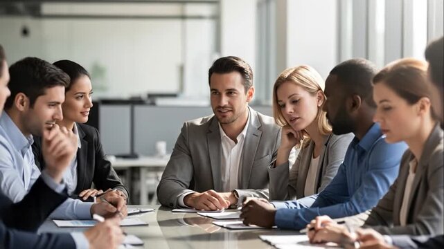 Diverse Business Team Engaged in Strategic Meeting in Modern Office Environment