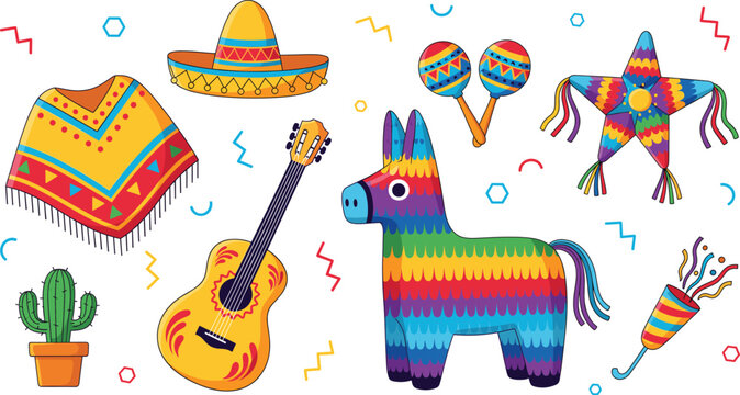 Mexican fiesta celebration set with colorful pinata sombrero guitar poncho maracas and cactus icons for party invitation birthday event and cultural holiday design,