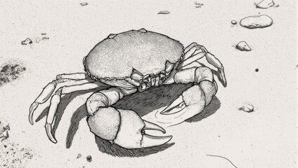Detailed Crab Illustration on Sandy Beach with Rocks.
