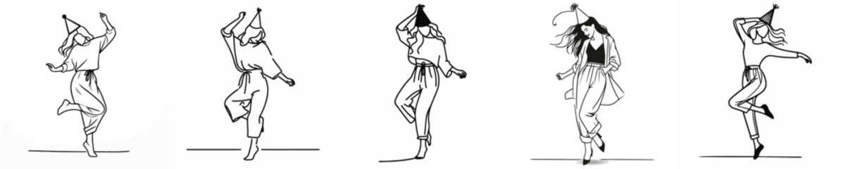 vector line art of a woman small jumping happily on New Year's