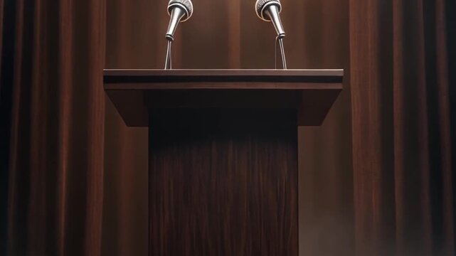 Elegant wooden lectern with dual microphones ready for a formal speech setting.