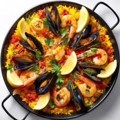 Seafood Paella with Mussels, Shrimp, Lemon and and Saffron Rice in Traditional Pan, Top View