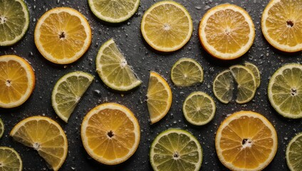 Assortment of Fresh Citrus Slices on Dark Textured Surface.