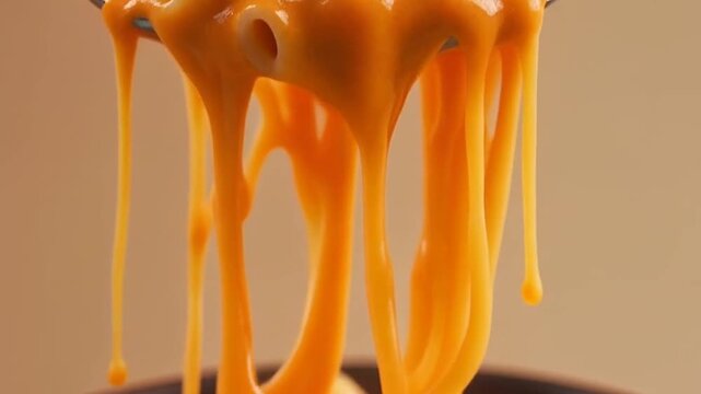 Closeup of melted orange cheese dripping and stringing with glossy gooey texture.