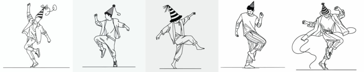 Fototapeta premium vector line art of a man small jumping happily on New Year's