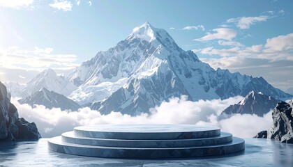 A 3D rendered pedestal of stone rests before a snow-covered mountain range, high above clouds. Sky is blue with sunlight