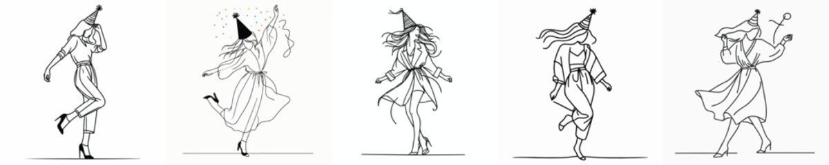 vector line art of a woman small jumping happily on New Year's
