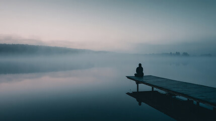 A minimalist stock photograph of a person sitting alone on a wooden dock, gazing across a foggy lake at dawn. Generative AI