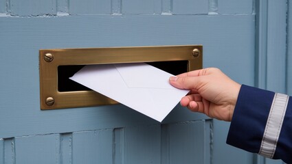 Hand of a postal worker inserting a white envelope into a brass mail slot on a blue wooden door, symbolizing communication and connection in everyday life