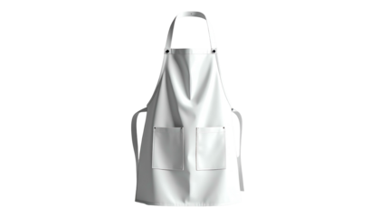 A white apron with two pockets and neck/waist ties, floating against black