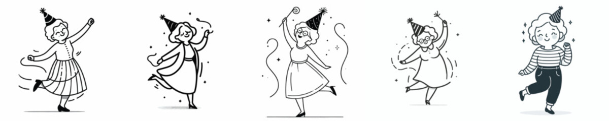 Fototapeta premium vector line art of a grandmother small jumping happily on New Year's