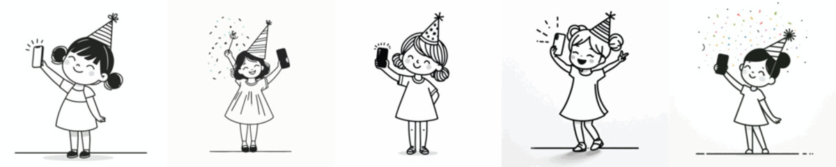 Obraz premium vector line art little girl stand taking selfie photo at new year party