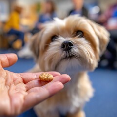 Small Fluffy Dog Receiving Treat from Human Hand Indoors Close-up