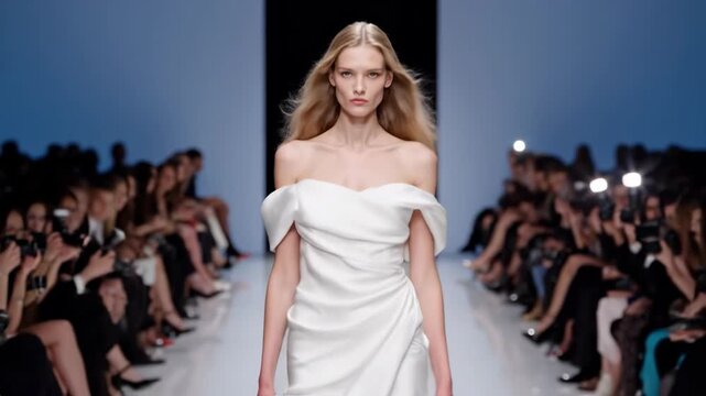 Fashionable woman wearing white dress walking down a runway with audience