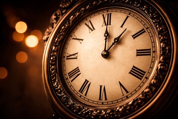 Elegant vintage gold clock face with Roman numerals and ornate details over a warm blurred background