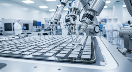 Automated robotic arms assisting in precise placement of sonar array elements ensuring consistency in a clean manufacturing room.