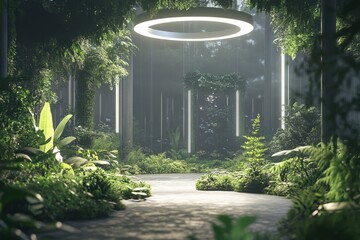 Obraz premium Lush green pathway illuminated by futuristic light rings in a tranquil forest setting