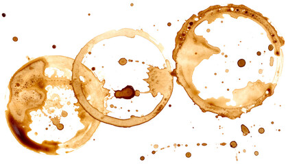 Three overlapping, brown coffee cup stains on black, varying in size and detail