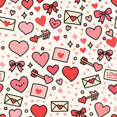 Hand-Drawn Valentine Doodle Seamless Pattern with Hearts, Envelopes, Bows and Arrows
