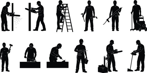 Construction worker silhouettes set, industrial builders using power tools, carpentry, masonry, repairman, professional contractor, home renovation, handyman services, and site safety