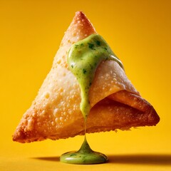 Samosa Dripping Green Chutney on Vibrant Yellow Background Studio Shot