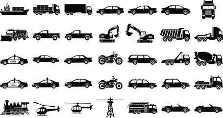 Transport vehicles silhouettes set, cargo ship, trucks, cars, motorcycle, helicopter, train, police car, ambulance, excavator, construction machinery, and urban logistics icons © Shain