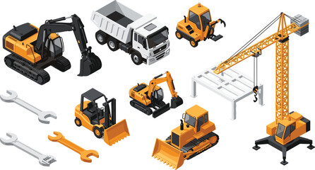 Isometric construction machinery set, heavy equipment icons, yellow excavator, crane, bulldozer, dump truck, forklift, industrial vehicles, building site tools, and engineering © Shain