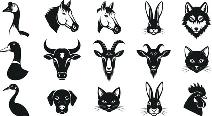 Large collection of black animal head silhouettes featuring horses goats cats dogs birds and wolves for farm logo design and wildlife branding. © MdShakil