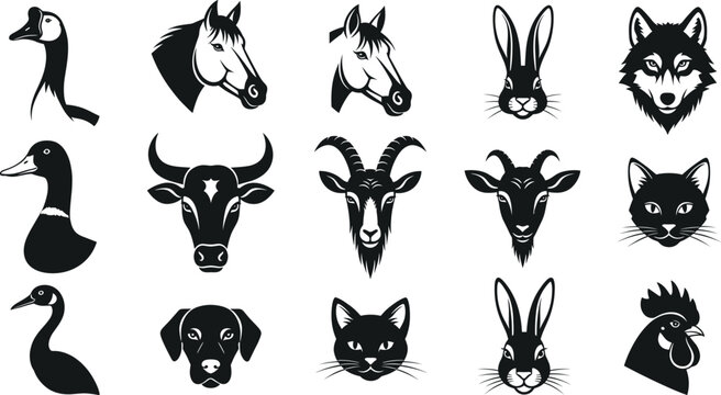 Large collection of black animal head silhouettes featuring horses goats cats dogs birds and wolves for farm logo design and wildlife branding.