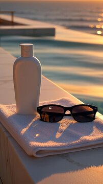 White sunscreen lotion bottle and black sunglasses on a towel by a luxury infinity pool at sunset, illustrating summer skincare concepts.