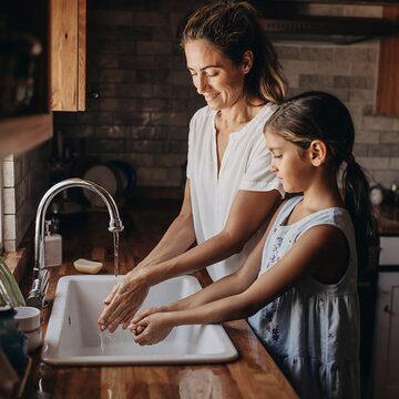 Mother and daughter washing hands together in a rustic kitchen.