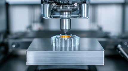 Detailed medium shot of a customdesigned rail component emerging from a 3D printer emphasizing rapid prototyping and tailored part production on location.