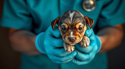 Veterinarian Holding Small Puppy in Hands