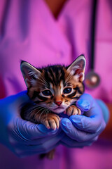 Veterinarian Holding a Tiny Kitten In Hands