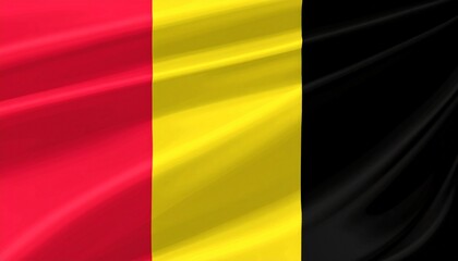 Belgian national flag with vertical black, yellow, and red stripes and dynamic fabric texture