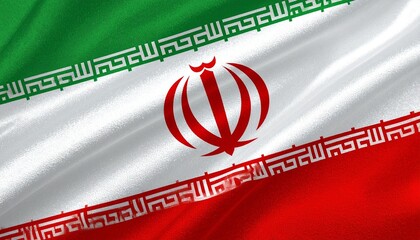 Iranian national flag with green, white, and red stripes, central emblem, and Kufic script border