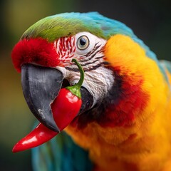 Macaw Parrot Holding Red Chili Pepper Close-up with Vibrant Feathers