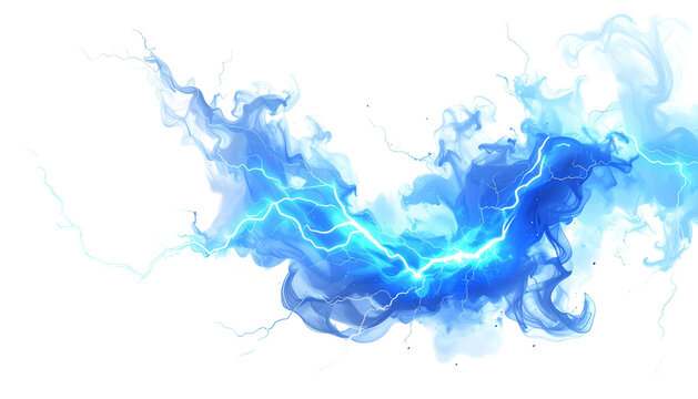 Electric blue and white stylized lightning bolts and wispy cloud effects against black