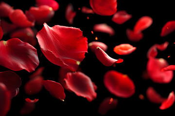 red colorful petals rose flying animation on black background, love and valentine day festive holiday