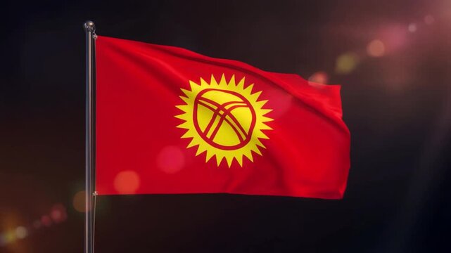 Vibrant and fresh depiction of the Kyrgyz National Flag (5:3 ratio) in smooth fluid motion, cinematic 4K render.