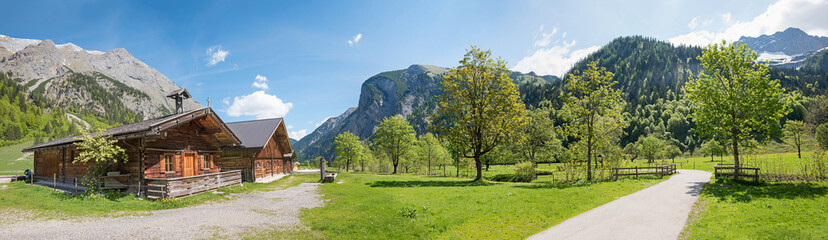 2 huts from the alpine village in the Eng valley, Tyrolean alpine landscape Karwendel