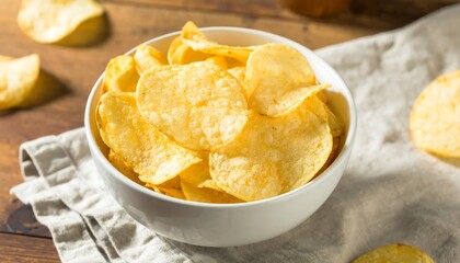 A close-up shot of a white bowl overflowing with crispy, golden potato crisps. Scattered crisps surround. The scene is on wood