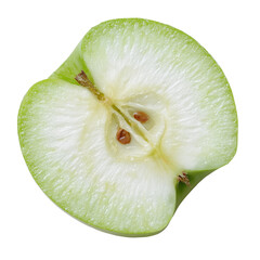 Cross section of a vibrant green apple showcasing its core and seeds on a dark background