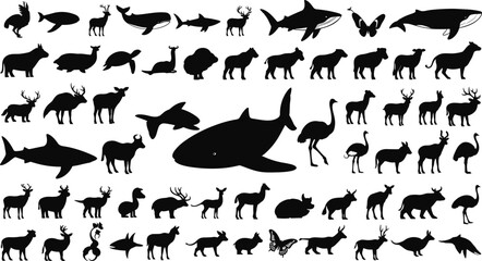 Diverse animal silhouettes on white background for design