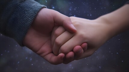A close up of two hands holding each other tenderly against a dark starry night background evoking a sense of connection and comfort
